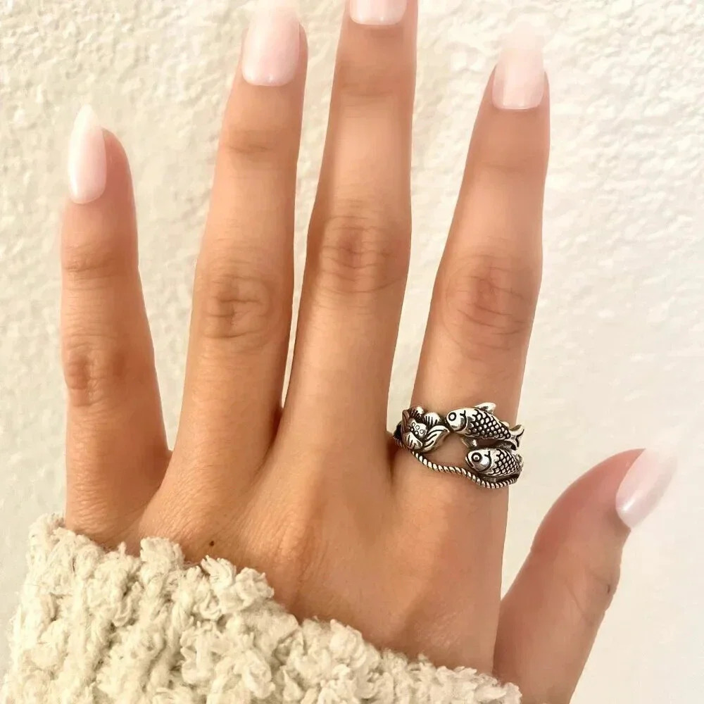 925 Sterling Silver Fish Ring School of Fish Ring Dainty Adjustable Ring - Picture 6 of 10